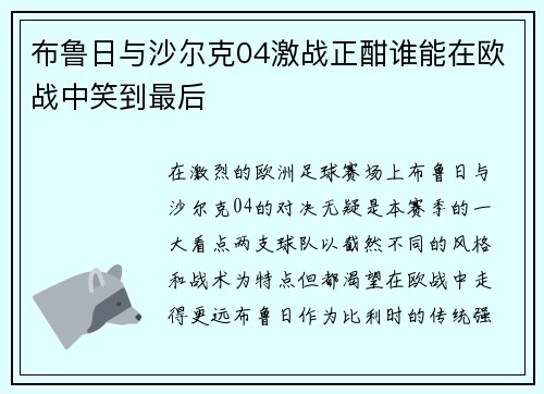 布鲁日与沙尔克04激战正酣谁能在欧战中笑到最后